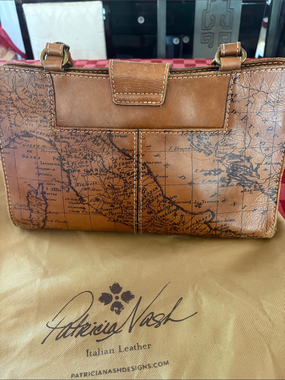 Patricia Nash Cognac Map-Print Leather Shoulder Bag - Picture 7 of 7